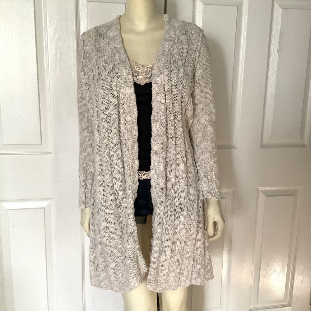 Free People M Long Cardigan Sweater Lagenlook Beige Boho Minimalist knit